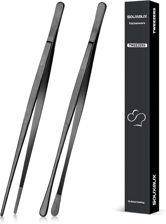 2 Pcs 12-inch Cooking Tweezers Tongs Precision Serrated Tips, Stainless Steel Professional Chef Tweezer Kitchen Tools for BBQ, Plating and Serving (Black)