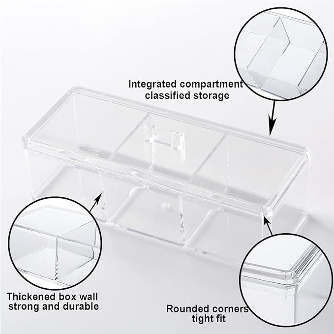 Square Qtip Holder Dispenser, 3 Compartments Cotton Ball Holder, Bathroom Canisters for Cotton Swab, Ball, Cottons Pad Organizer, Clear Acrylic Containers with Lid for Bathroom Vanity Countertop