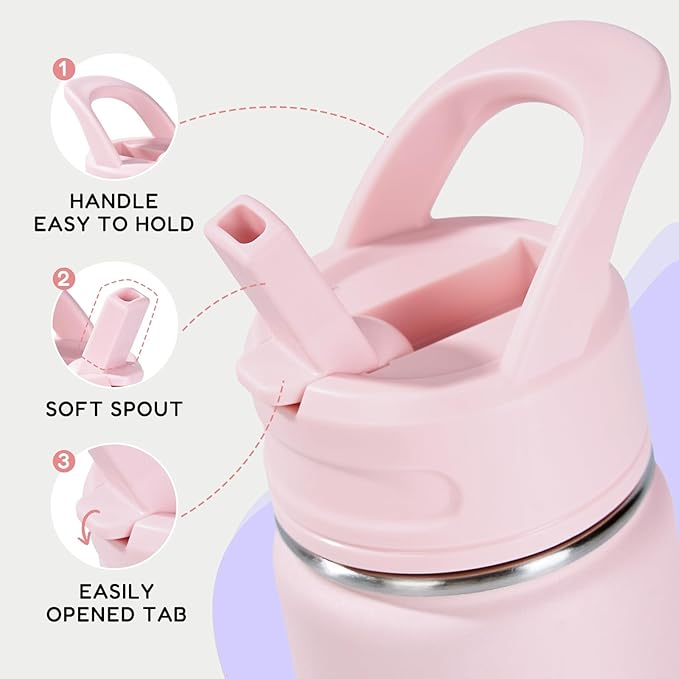 12oz Kids Water Bottle for School, Toddler Water Bottles with Straws, Insulated Water Bottles for Boys&Girls, Stainless Steel Vacuum Insulated Bottle for Kids, Leak-Proof, BPA-Free, Sugar Plum