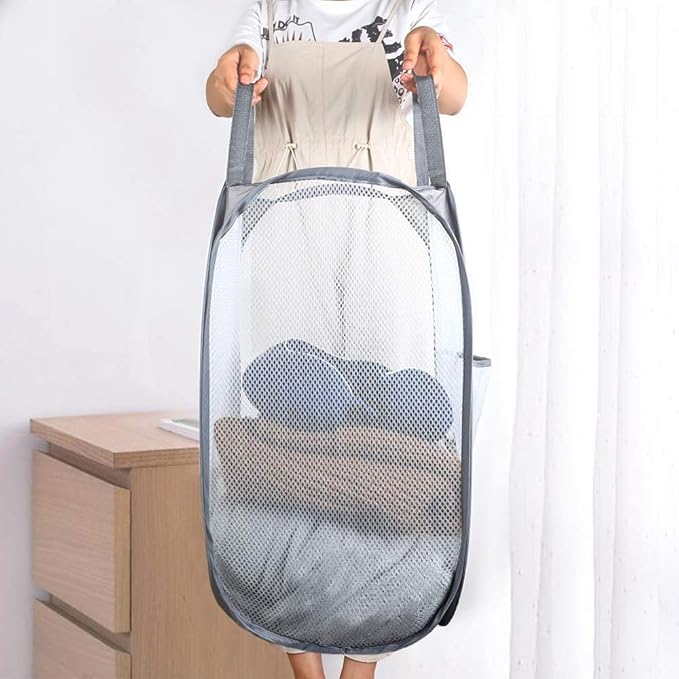 Larpur Popup Mesh Laundry Basket, Collapsible Laundry Hamper Portable Clothes Washing Laundry Hamper with Reinforced Carry Handles for Home, Dormitories, Travel, Apartments (Grey)