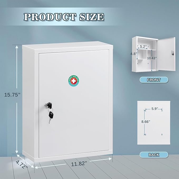 KYODOLED Wall Mount Locking Medicine Cabinet, Large Capacity First Aid Cabinet for Bathroom, Medicine Cabinet with Key, Secure Steel Lock Box for Medication, 15.75" H x 11.82" W x 4.72" D, White