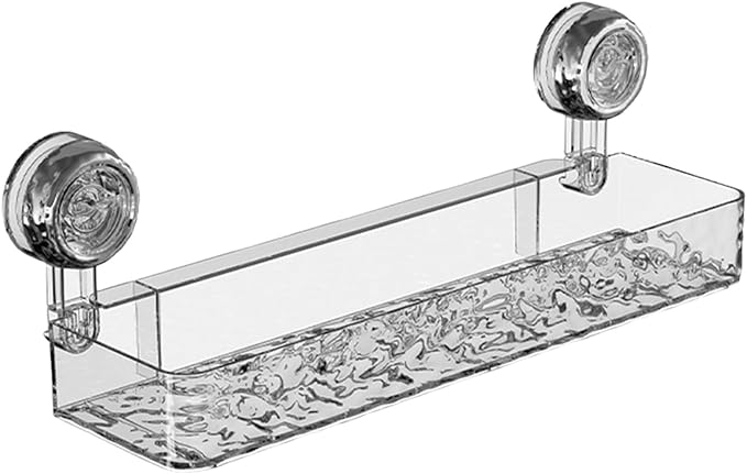 No-Drill Bathroom Suction Storage Box,Corrugated Suction Cup Storage Holder,Powerful Suction Storage Box,Removable Hanging Storage Basket, No Drilling Shelves Caddy, Ripple Acrylic (Long style-Clear)