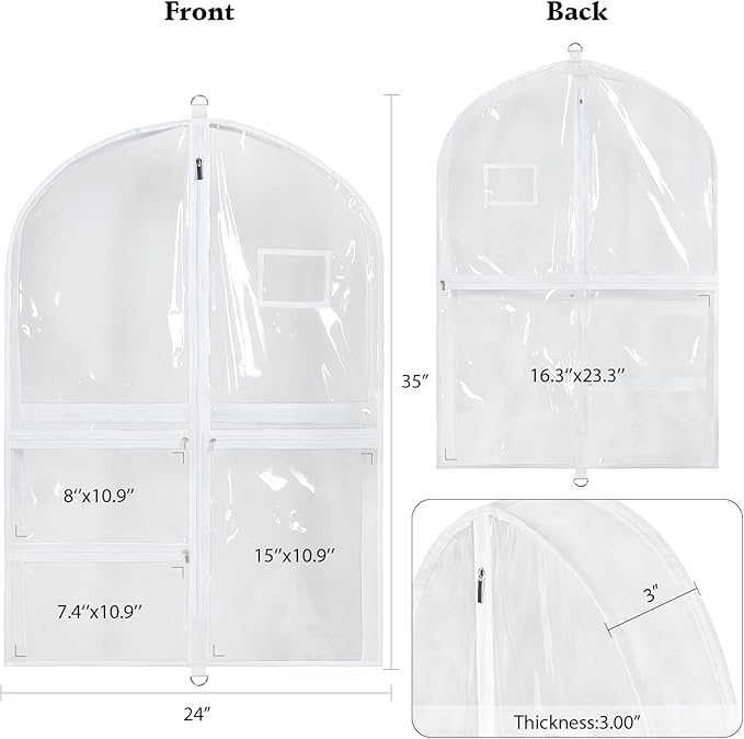 Univivi Clear PVC Dance Costume Bags Garment Bag 35 Inch for Dance Competitions, with 3 Seperated Medium Clear Zipper Pockets and 1 Large Back Zippered Pocket (Clear)