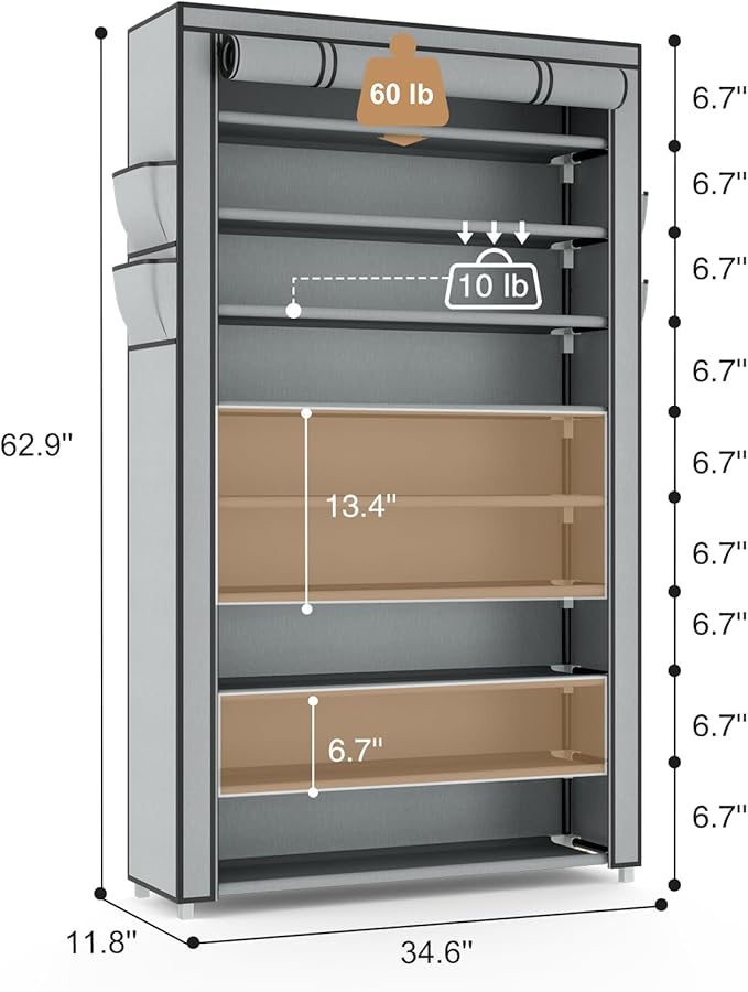Shoe Rack with Cover Wide Shoe Organizer with Pockets 10 Tier Tall Shoe Storage Holds 50-55 Pairs Shoes and Boots Shoe Rack for Closet Entryway Garage, Grey