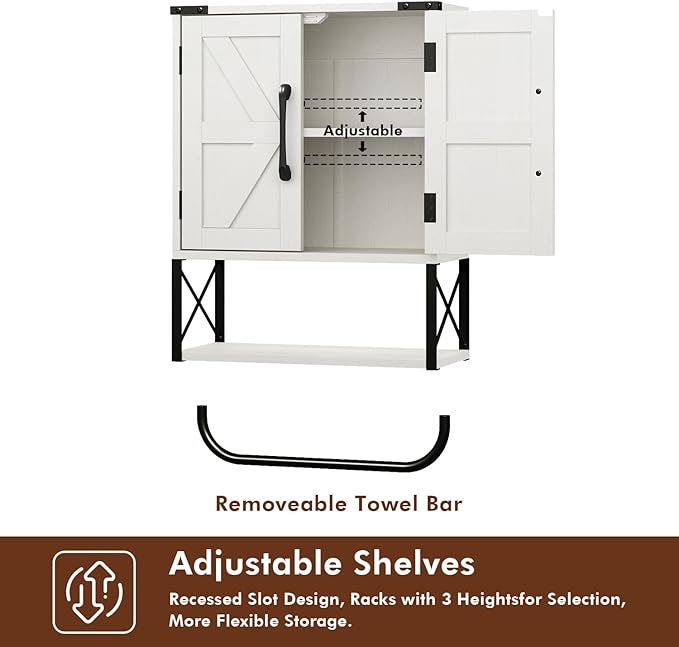 RUSTOWN Farmhouse Rustic Medicine Cabinet with Two Barn Door,Wood Wall Mounted Storage Cabinet with Adjustable Shelf and Towel Bar, 3-Tier Cabinet for Bathroom, Living Room(Vintage White)