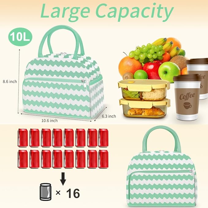 Coobiiya Lunch Bag for Women Men, Cute Lunch Tote Bags Insulated Reusable LunchBox Large Capacity Cooler Bag for Work Travel Picnic Green white