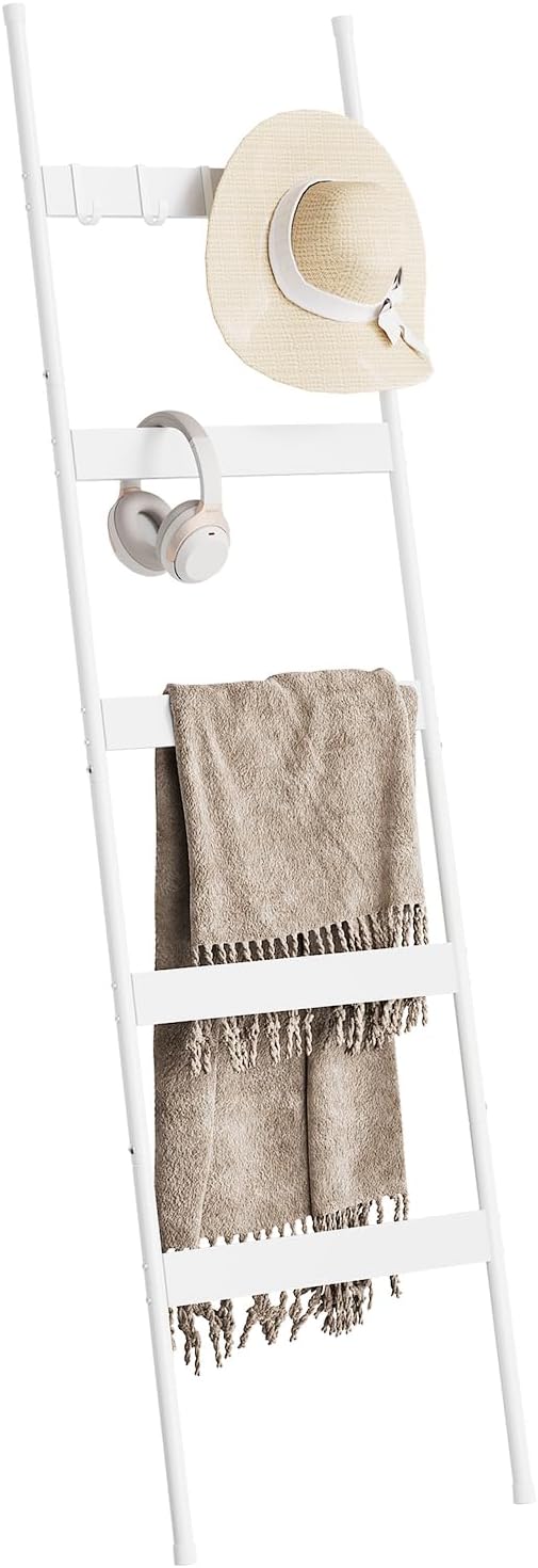 ELYKEN Blanket Ladder for Living Room, Farmhouse 5-Tier Quilt Holder with 4 Removable Hooks for Bathroom, Wood Towel Rack Display, Wall Anchor Leaning Decorative Stand for Home, White