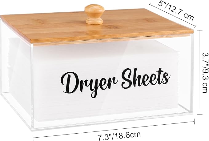 VOTLEVT Acrylic Dryer Sheet Holder with Bamboo Lid,Laundry Dryer Sheet Container and Dispenser for Laundry Room, Fabric Sheet Holder Laundry Organizer