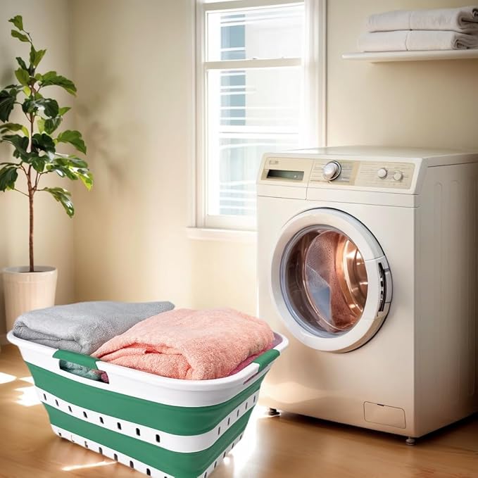 SAMMART 42L (11 gallon) Collapsible Plastic Laundry Basket - Foldable Pop Up Storage Container/Organizer - Space Saving Hamper/Basket (1, White/Winter Green)