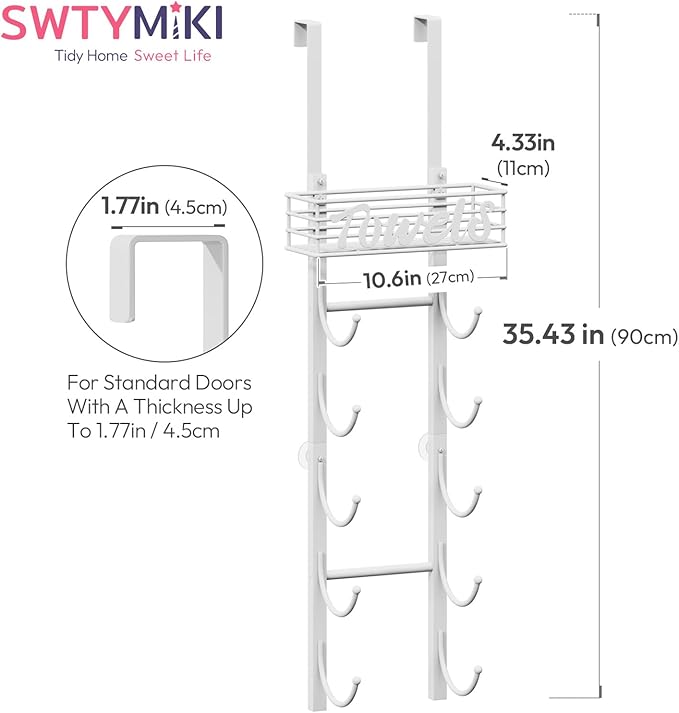 SWTYMIKI Hanging Towel Racks for Bathroom - 6 Tier Over The Door & Wall Mounted Bath Rolled Towel Storage Organizer Holder for Small Bathroom, RV, Camper, White (Patented)