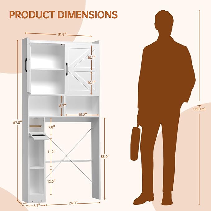 FURSUN 32" Extra Wide Over The Toilet Storage Cabinet, 7-Tier Bathroom Organizer with Metal Frame & Barn Doors, Space-Saving Farmhouse Toilet Shelf with Paper Holder & Adjustable Shelves, White