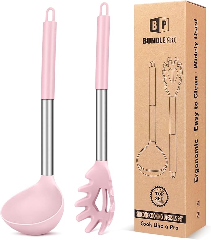 BUNDLEPRO Silicone Pasta Fork and Soup Ladle Spoon Set, 2 Pack, Pink