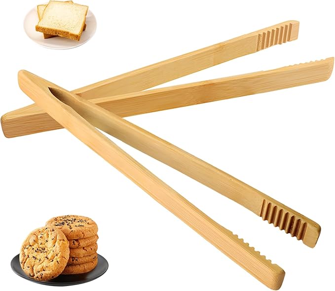 4 Pieces Natural Bamboo Toaster Tongs,Two Bamboo Toast Tongs of different lengths（9.8-Inch & 7.8-Inch),Long Tongs with Anti-slip Design,Heat-Resistant for Cooking and Serving