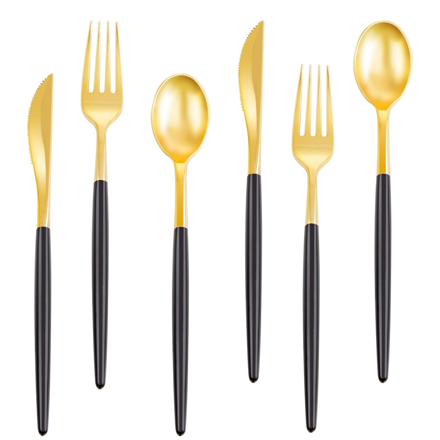 Rubtlamp 96Pcs Gold Plastic Silverware, Gold Plastic Utensils with White Handle, Gold Silverware Set Includes: 32 Knives, 32 Plastic Spoons And 32 Forks