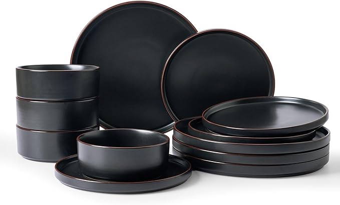 Famiware Nebula Ridge 12-Piece Stoneware Dinnerware Set, Dark Green