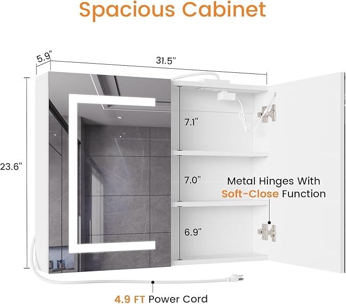 Snughome Bathroom Medicine Cabinet with Mirror & LED Lights, Wall Mount Bathroom Mirror with Storage, Built-in Power Outlets, Dimmable 3 Color Temp, Anti Rust Easy to Install, 31.5" x 23.6"