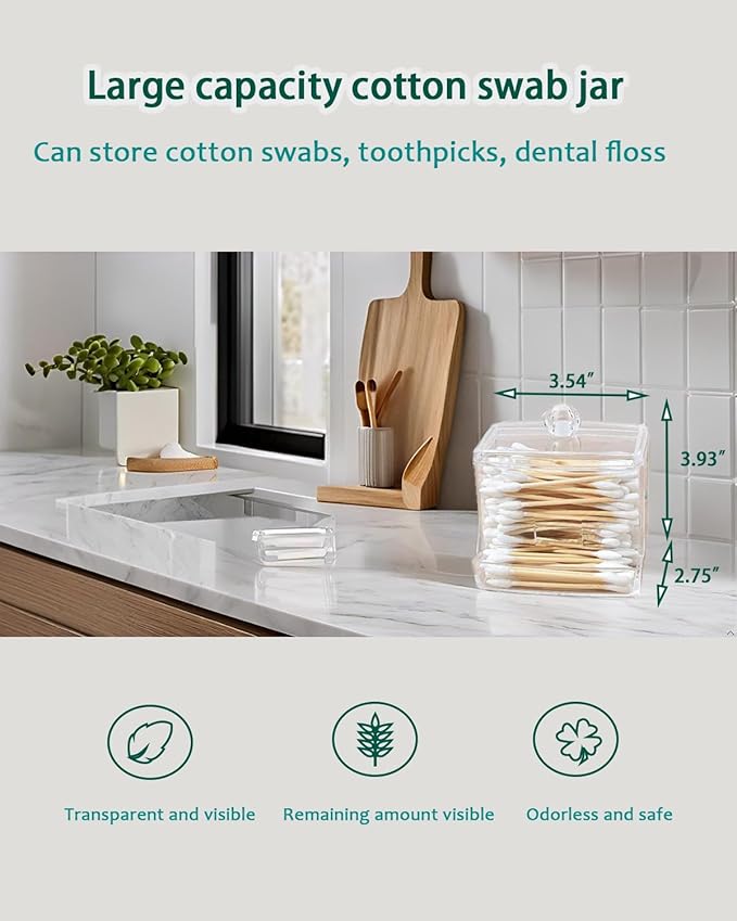10oz Cotton Swab Dispenser with Lid, Clear Plastic Swab Holder for Bathroom Vanity Countertop Storage, Durable PS Canister with U-Slot for 3 Inch Cotton Buds, Compact Swab Organizer