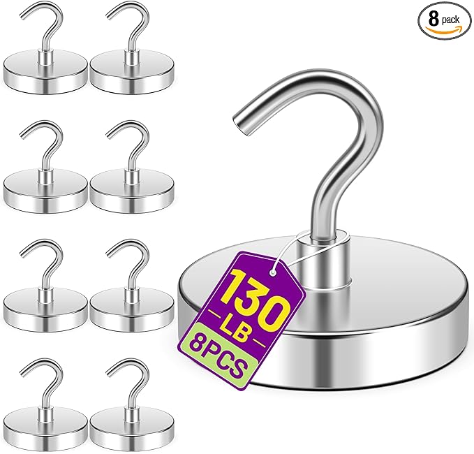 Magnetic Hooks, 130lbs Magnetic Hooks for Hanging Mugs, Cruise Magnets, Magnets for Whiteboard, Outdoor, Grill, Office, Classroom, Camping Essentials, Beach Vacation Essentials, 8 Pack, Silver