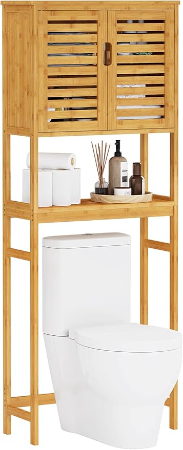 VIAGDO Over The Toilet Storage Cabinet, Tall Bathroom Cabinet Organizer with Cupboard and Adjustable Shelves, Freestanding Toilet Shelf Space Saver Rack Stand for Laundry Room, Balcony, Bamboo