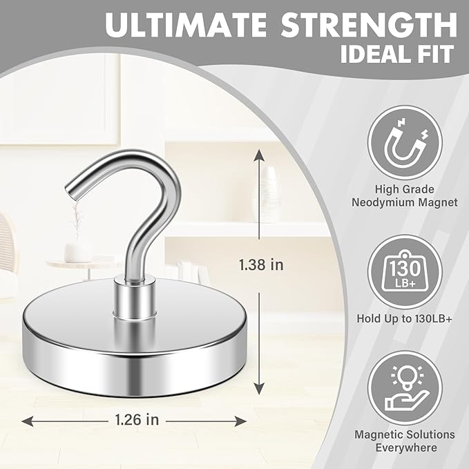 Magnetic Hooks, 130lbs Magnetic Hooks for Hanging Mugs, Cruise Magnets, Magnets for Whiteboard, Outdoor, Grill, Office, Classroom, Camping Essentials, Beach Vacation Essentials, 8 Pack, Silver