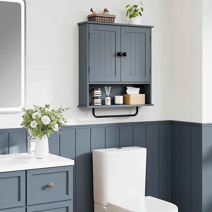 RRX Bathroom Cabinet Wall Mounted Medicine Cabinets with Towels Bar, Over The Toilet Storage Cabinet with 2 Doors and Adjustable Shelf, White Wall Cabinet for Bathroom Laundry Kitchen,Gray