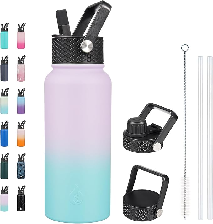 BJPKPK Insulated Water Bottles with Straw Lid, 32oz Metal Large Water Bottle with 3 Lids, Reusable Leak Proof BPA Free Thermo, Stainless Steel Tumblers for Sports, Gym, Travel-Lavender Green