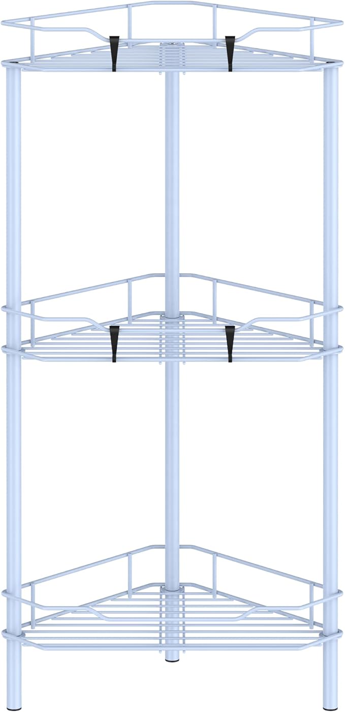 3 Tier Floor Standing Corner Shower Caddy Organizer Shelf with Hooks, Bathroom Shelves Stand Rack, Blue