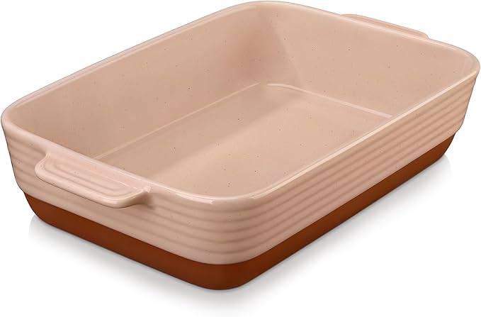 MALACASA Large 9x13 Ceramic Baking Dish with Handles, 4.8 Qt, Khaki & Pink