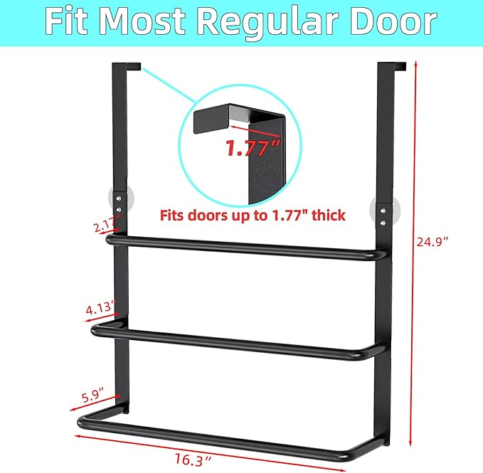 Over The Door Towel Rack, 304 Stainless Steel Towel Rack, 3 Tier Towel Bar for Hanging Towels, 16 Inch Over Door Towel Storage Holder for Bathroom, Matte Black