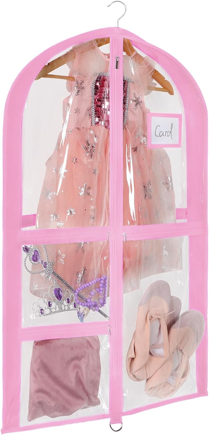Univivi Clear PVC Dance Costume Bags, 35 Inch Garment Bag for Dance Competitions, with 3 Seperated Medium Clear Zipper Pockets and 1 Large Back Zippered Pocket (Clear/Pink)