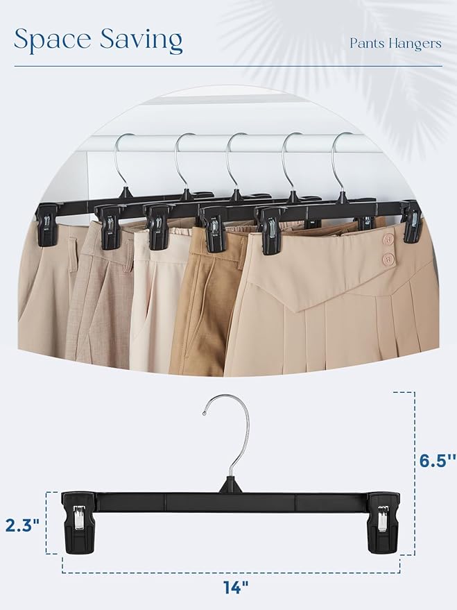 Smartor Space Saving Skirt Hangers - 150 Pack, Slim Plastic Pants and Shorts Hangers, Ridged Non-Slip with Pinch Clips, Black Clip Hanger for Women, 360-Rotating Chrome Swivel Hook, 14 Inches
