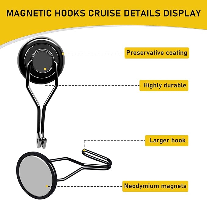 LOVIMAG Hooks, 120lbs+ Magnetic Magnet Hook 2025 Cruise Cabin Ship Essentials Heavy Duty Strong Refrigerator Fridge Hanging for Classroom Beach Vacation Kitchen Grills Home Mug Hanger (8 Pack), Black