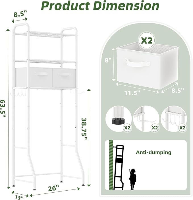 Simple Trending Over The Toilet Storage Rack with Drawers, Metal 3 Tier Bathroom Organizer Shelf with Paper Holder and 3 Hooks, White
