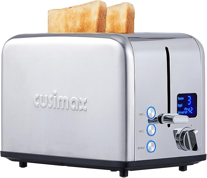 CUSIMAX 2 Slice Stainless Steel Toaster with Digital LED Display, Silver