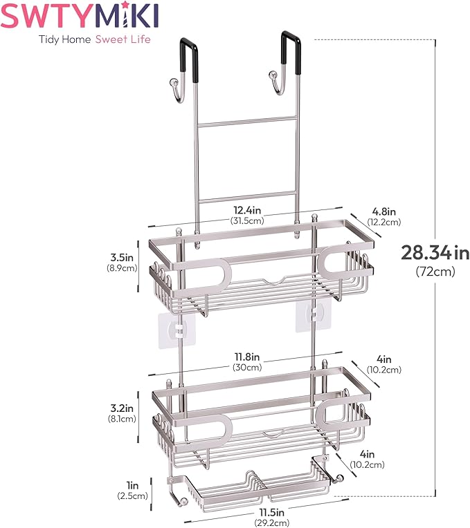 SWTYMIKI Over The Door Shower Caddy - Stainless Steel Hanging Shower Organizer With Soap Holder & 16 Hooks No Drilling Hanging Caddy Over Door To Organize Bathroom Essentials, Sand Nickel