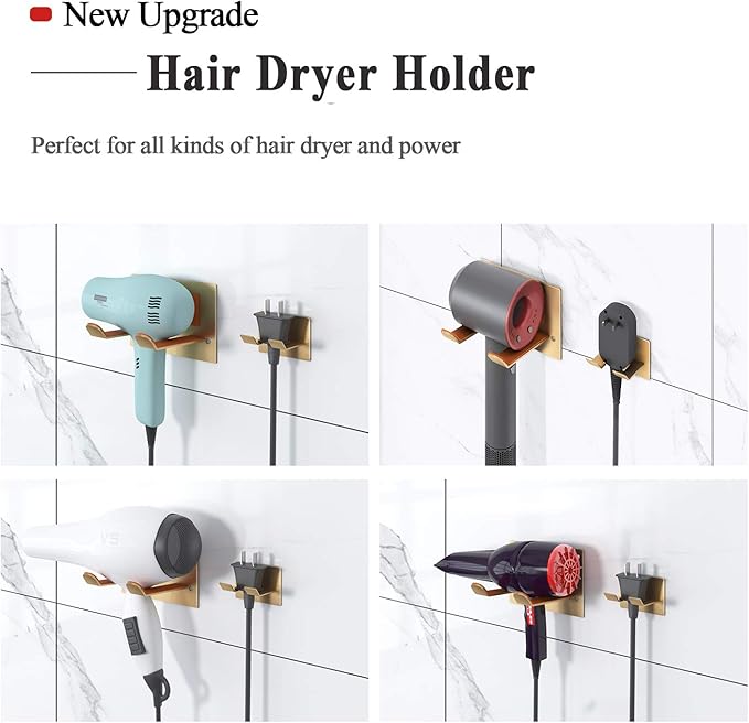 Adhesive Hair Dryer Holder - Stick on Wall or Wall Mount Bathroom Hair Blow Dryer Rack Organizer Compatible with Supersonic Hair Dryers (Gold)