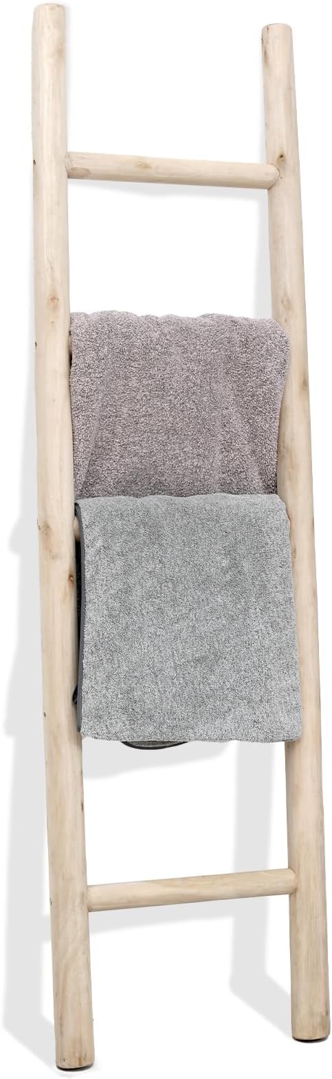 FUIN 57in Wood Blanket Ladder Living Room Decorative Wall Leaning Farmhouse Quilt Display Holder Rustic Wooden Towel Rack for Bathroom, Unfinished