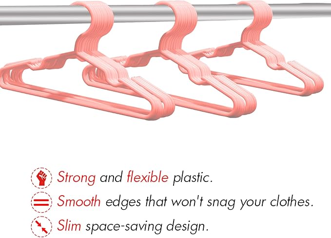 60 Pack Pink Kids Hangers 11.6 Inch - Baby Clothes Hangers for Toddler & Child, Durable Plastic Children's Hangers for Closet, Pants, Coats, Skirts (Non-Slip, Space-Saving)