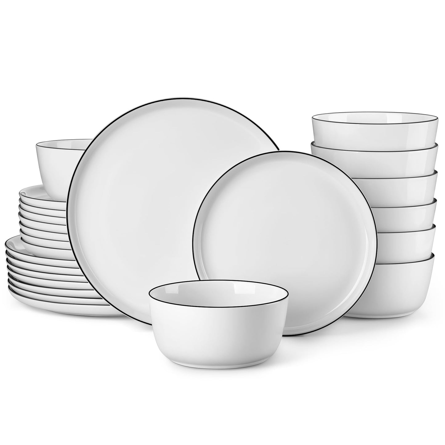 MALACASA 24-Piece Dinnerware Set for 8, White Black-Rim Porcelain Dishes