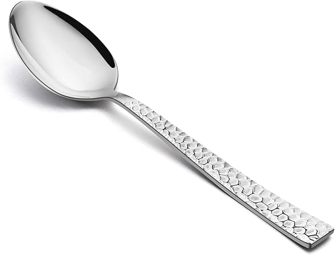 E-far Hammered Dinner Spoons Set of 6, 7.9 Inch Stainless Steel Soup Spoons Tablespoons for Home, Kitchen or Restaurant, Non-toxic & Mirror Polished, Squared Edge & Dishwasher Safe