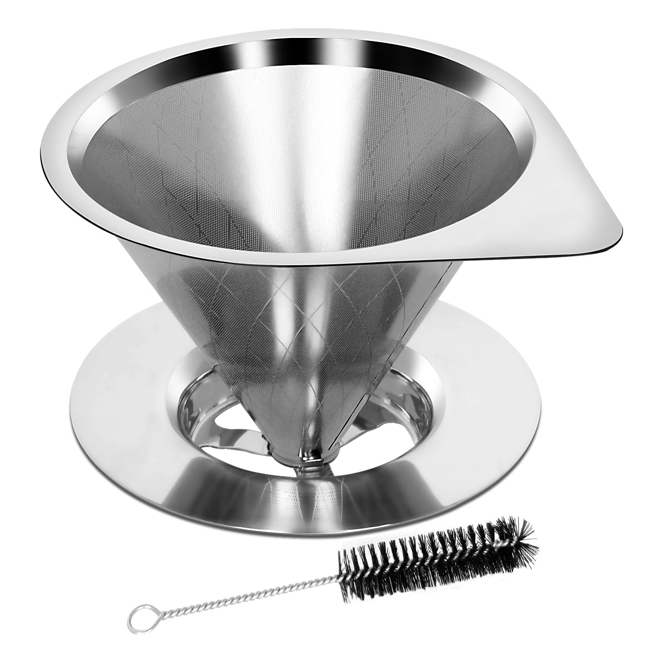 LHS Pour Over Coffee Dripper Stainless Steel Coffee Filter Metal Cone Filter Paperless Reusable Coffee Filter Single Cup Coffee Maker 1-4 Cup With Non-slip Cup Stand and Cleaning Brush