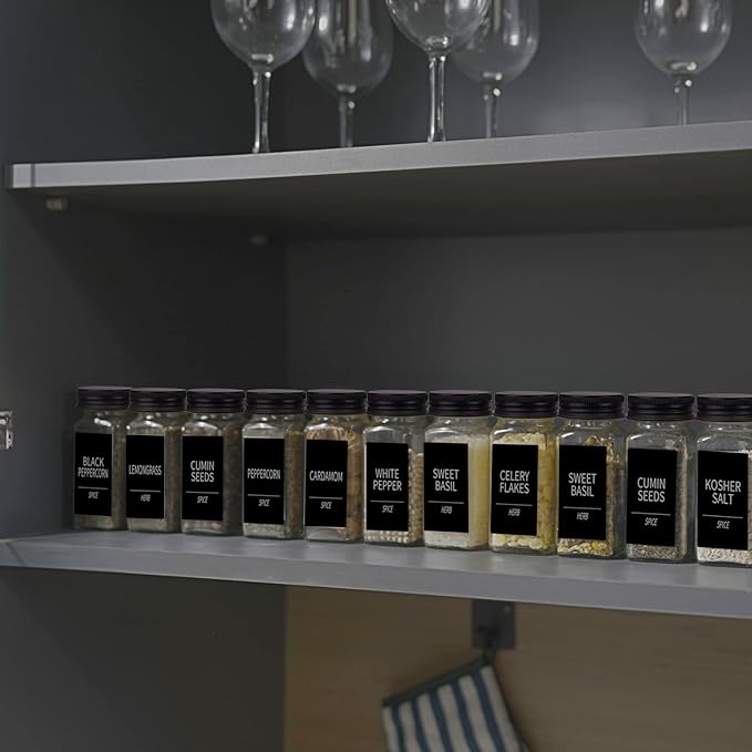 Churboro 48 Spice Jars with 547 Labels- Glass Spice Jars with Black Metal Caps, 4oz Empty Spice Containers with Shaker Lids, Funnel, Chalk Pen, Square Seasoning Bottles for Spice Rack, Drawer, Cabinet