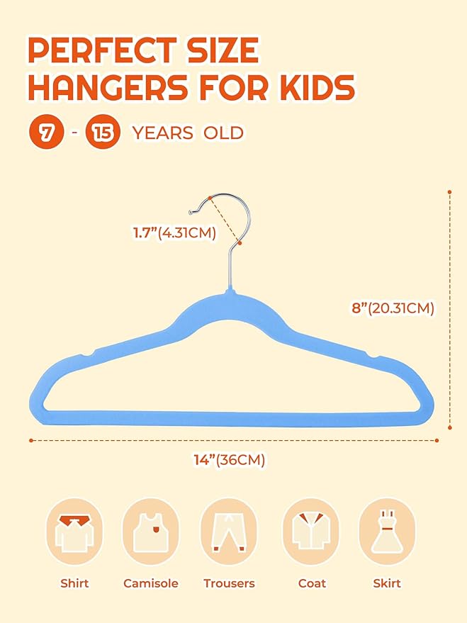 HOUSE DAY 14 Inch Kids Velvet Hangers 50 Pack, Durable Big Kids Hanger for Youth, Non Slip Kid Felt Hangers, Cute Childrens Hanger for Closet, Blue