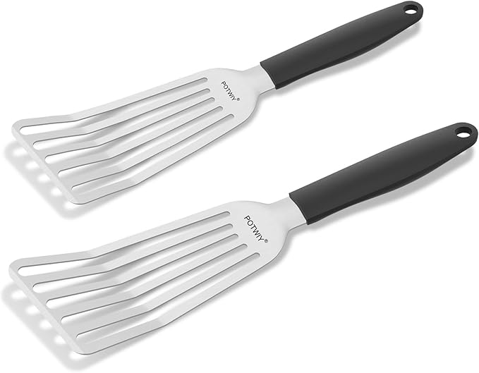 POTWIY Fish Spatula Stainless Steel, 2 Pcs Metal Spatula Set for Kitchen and Grilling, Slotted Turner with Silicone Handle for Cast Iron Skillet, Cooking Utensils for Fish, Burger, Egg, 13.5" & 11.6"