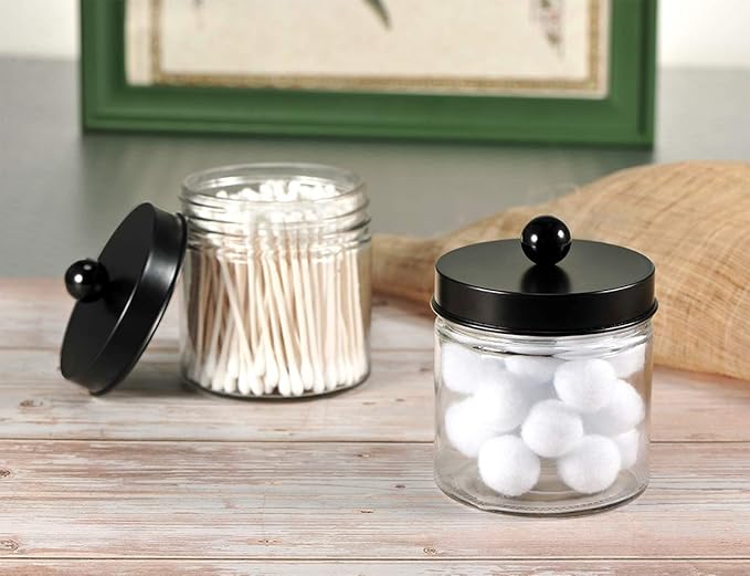 SheeChung Bathroom Organizers and Storage - 2Pack Qtip Holders Bathroom Canister Apothecary Jars for Cotton Swabs, Rounds, Balls, Qtips,Makeup Sponges, Flossers,Bath Salts - Black