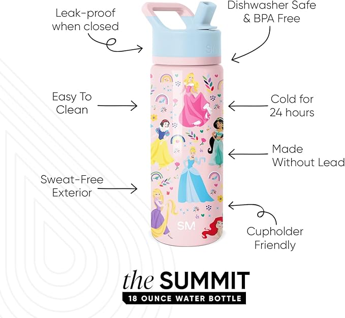 Simple Modern Kids Summit Water Bottle with Straw Lid | Disney Princess 18oz Stainless Steel Cup Insulated Tumbler for Girls, School | Princess Rainbows