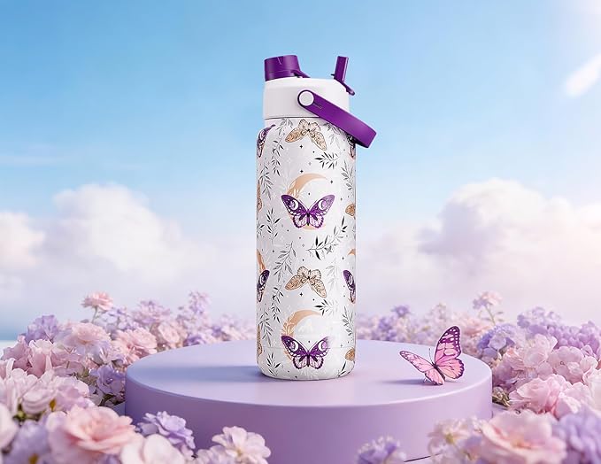 POWCAN 32 oz Insulated Water Bottle with 2-in-1 Straw and Spout Lid, Keep Cold 24H, Leak-Proof, BPA-Free, Double Wall Stainless Steel Water Bottle for Sports, Gym, Travel and School (Moonleaf Flutter)