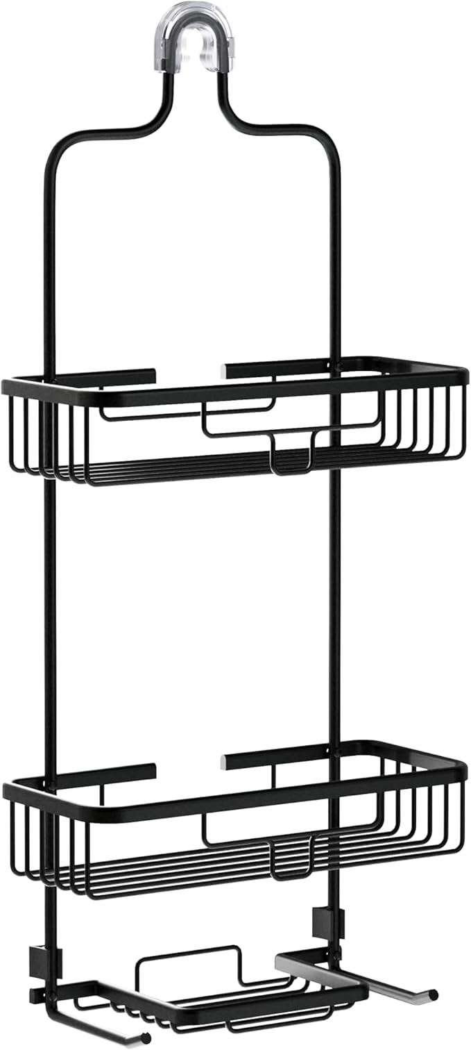 Zenna Home Rustproof Hanging Shower Caddy, Over the Shower Head Caddy with 2 Shelves and Built In Hooks, Aluminum Bathroom Hanging Organizer, Black