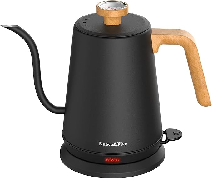 Nueve&Five Electric Gooseneck Kettle with Thermometer, 1.0L Pour Over Hot Water Kettle for Coffee and Tea, 1000W, Auto Shutoff, Boil-Dry Protection, White
