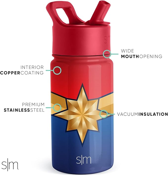 Simple Modern Kids Summit Water Bottle with Straw Lid | Marvel 14oz Stainless Steel Cup Insulated Tumbler for Girls, Boys, School | Captain Marvel